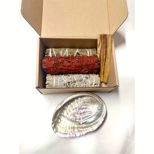 Sage aromatherapy decor set arranged in gift box with natural incense and abalone shell