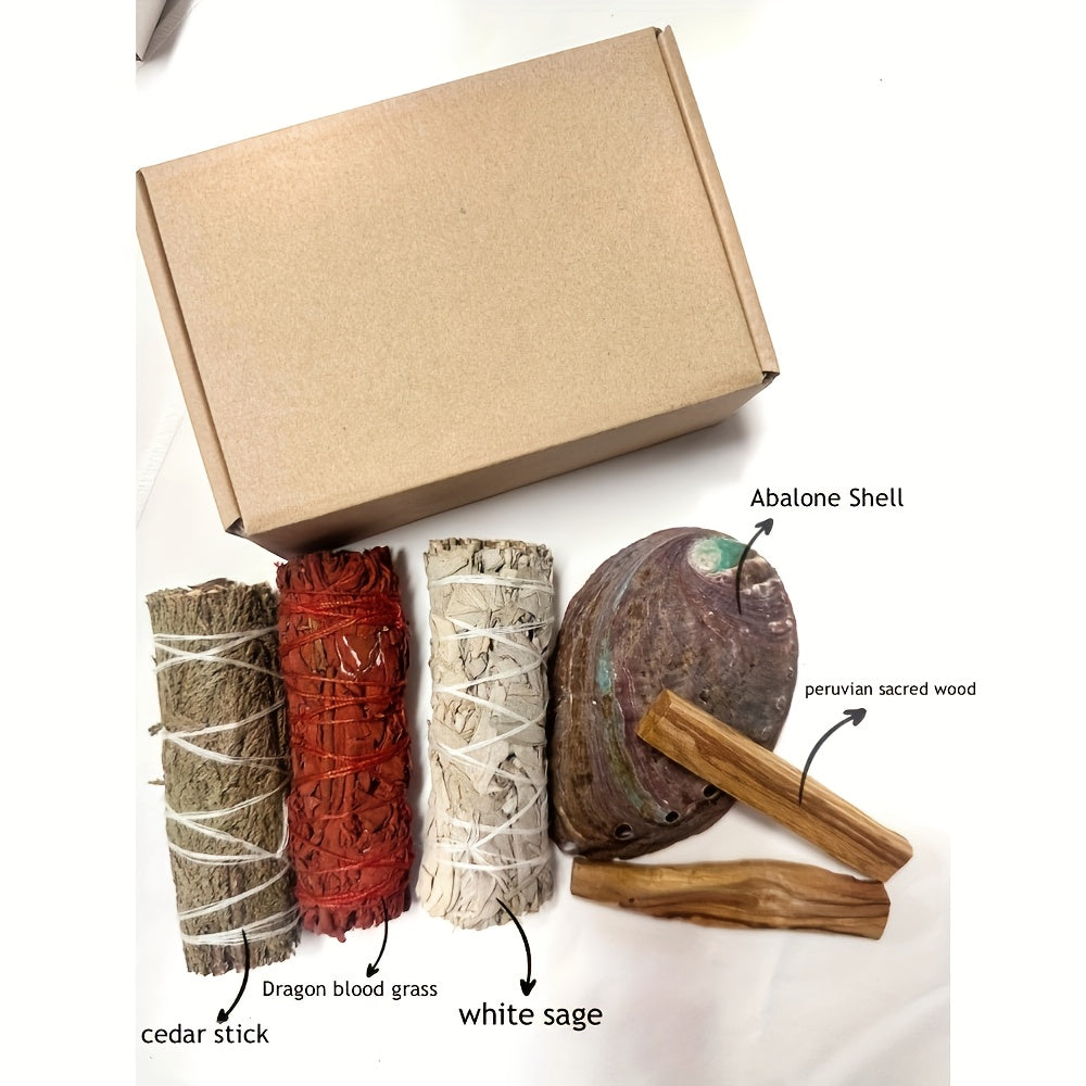Sage aromatherapy decor set arranged in gift box with natural incense and abalone shell