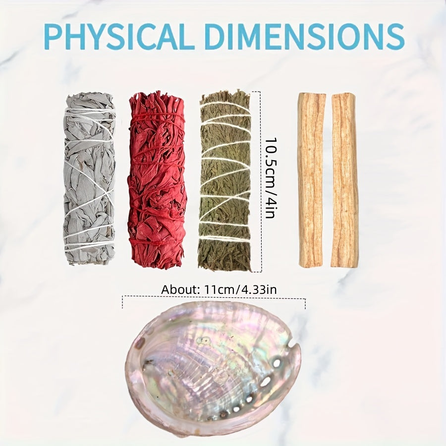 Sage aromatherapy cleansing decor set with labeled palo santo cedar white sage and abalone shell