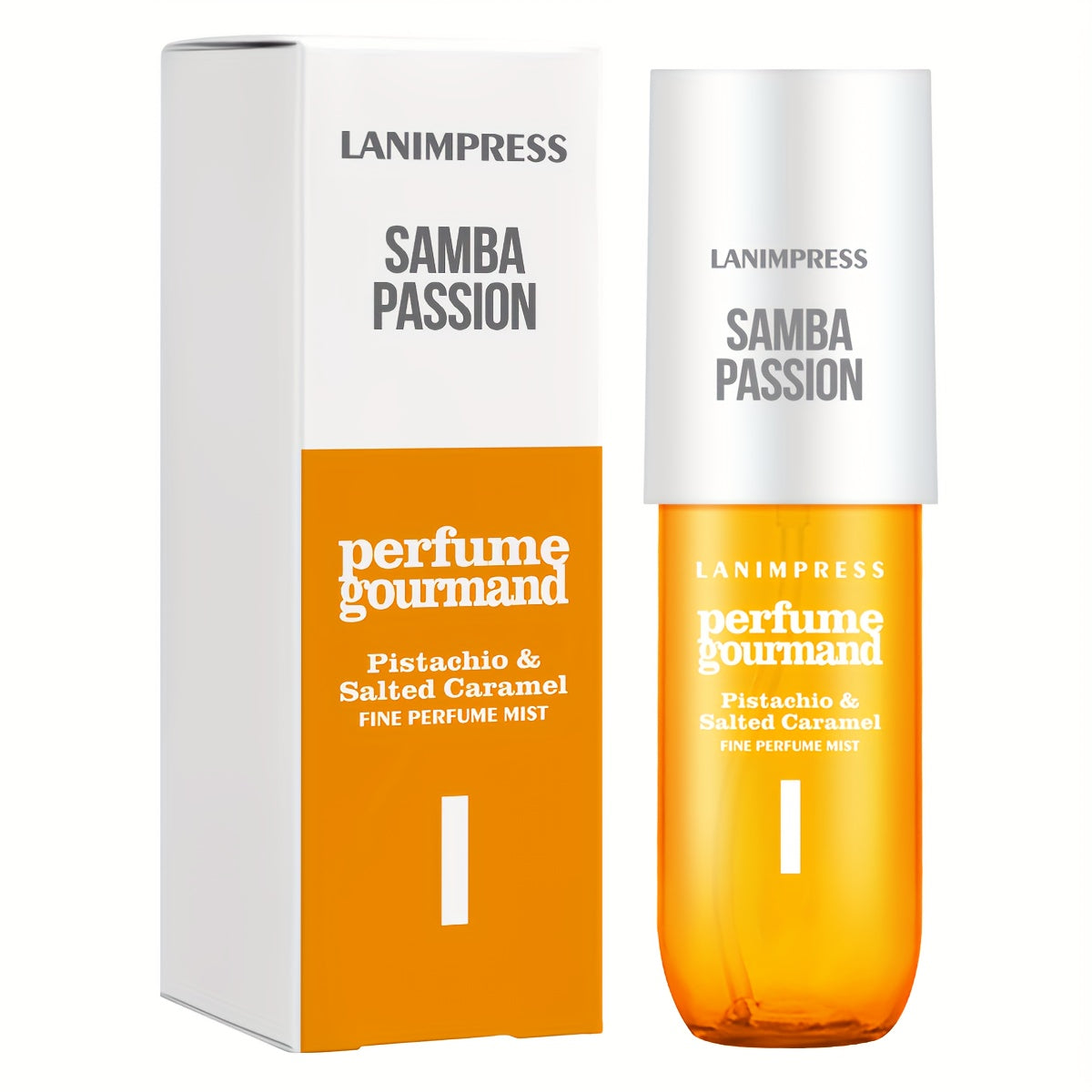 Samba Passion Gourmand Body and Hair Perfume Mist 3.0 fl oz bottle and box packaging on a white background.
