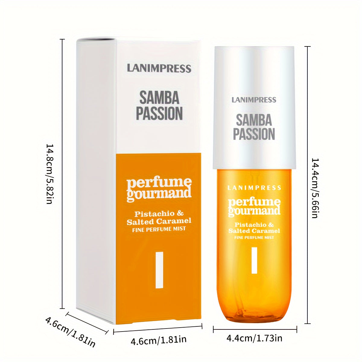 Samba Passion Gourmand Body and Hair Perfume Mist travel size bottle dimensions display.