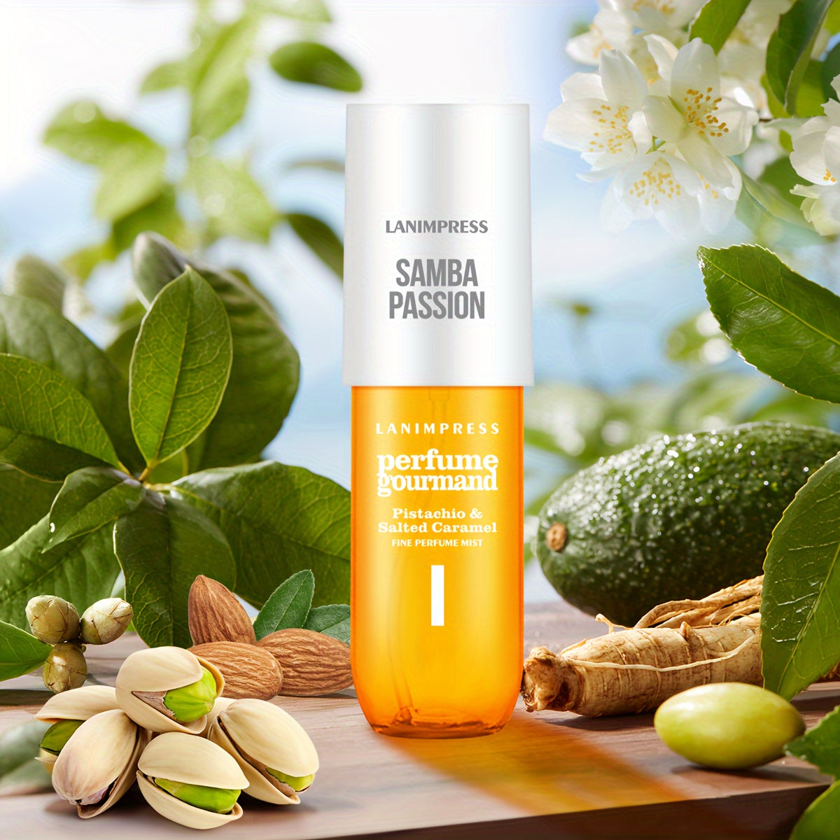 Samba Passion Gourmand Body and Hair Perfume Mist pistachio and salted caramel styled image.
