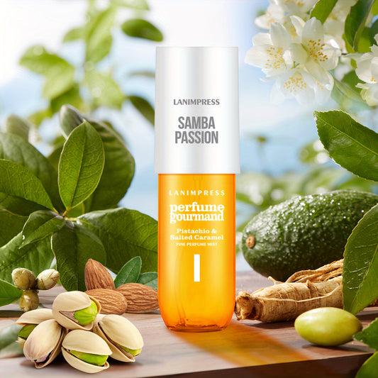 Samba Passion Gourmand Body and Hair Perfume Mist pistachio and salted caramel styled image.
