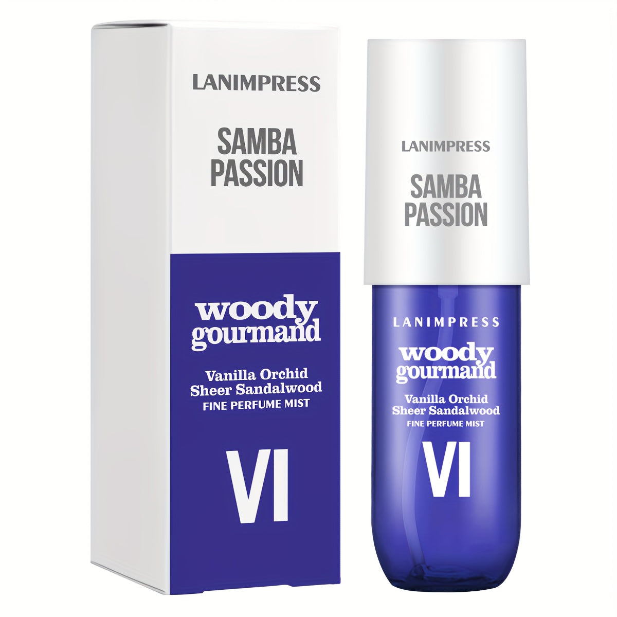 Samba Passion Woody Gourmand Body and Hair Fine Perfume Mist 3.0 fl oz bottle and box packaging on a white background.

