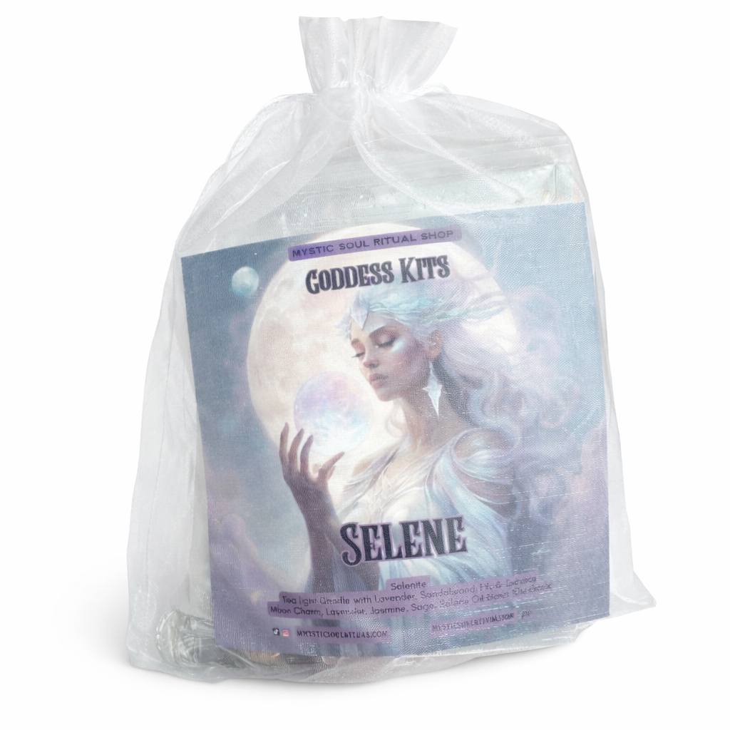 Selene intention ritual kit with crystal candle, herbs, incense, oil, and moon charm in a sachet on a white background