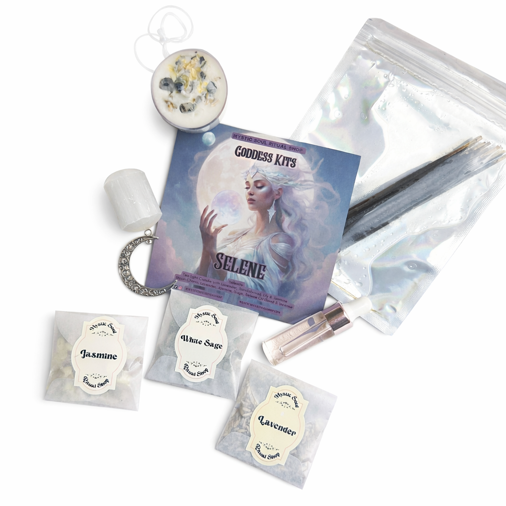 Selene intention ritual kit with selenite crystal candle herbs incense oil moon charm