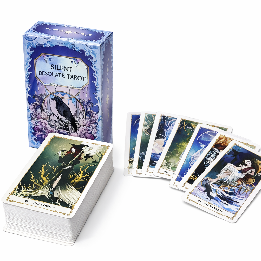 Silent Desolate tarot deck with 78 cards and illustrated box, Rider style tarot cards with blue artwork displayed on white background