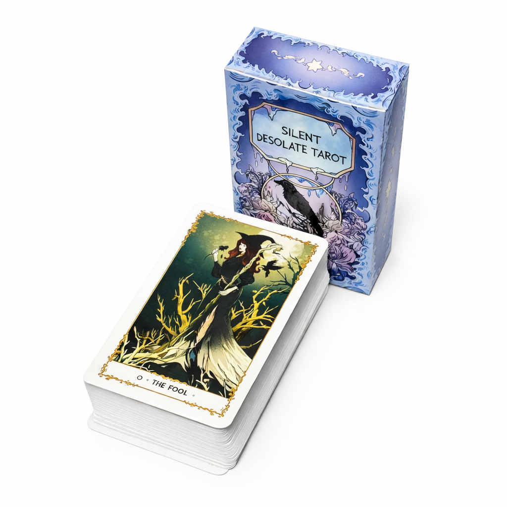 Tarot card set with a card featuring 'The Fool' and a box labeled 'Silent Desolate Tarot' on a white background.