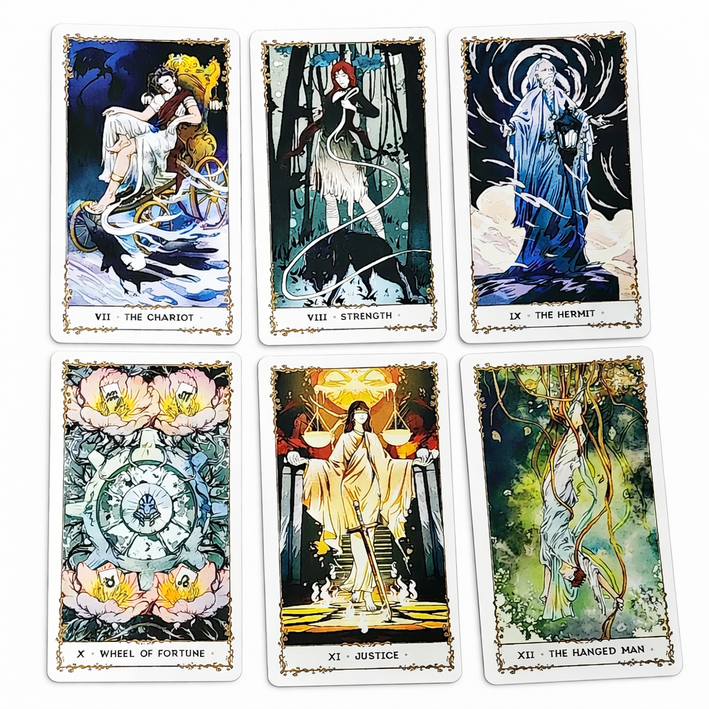 Set of tarot cards with various illustrations on a white background