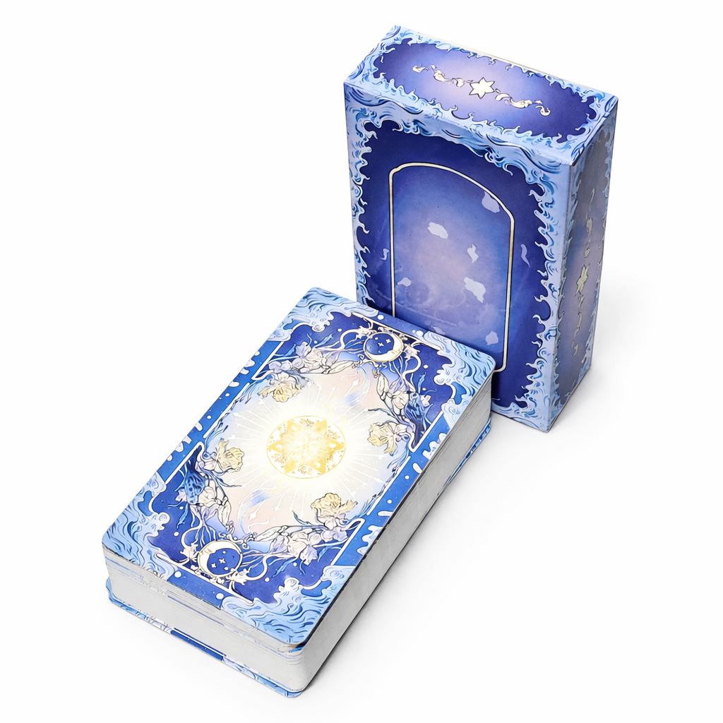 Blue and white card deck with decorative box on a white background