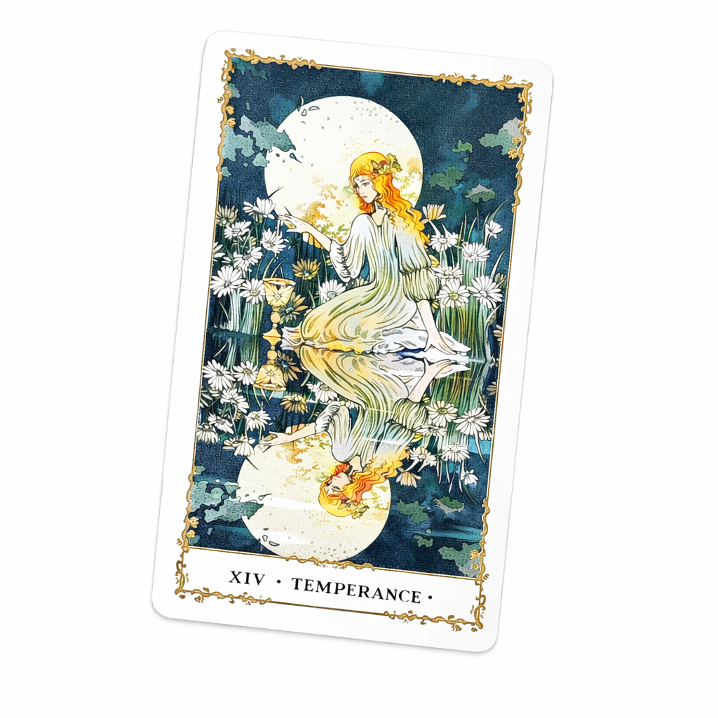 Tarot card titled 'Temperance' with a woman in a garden design on a white background