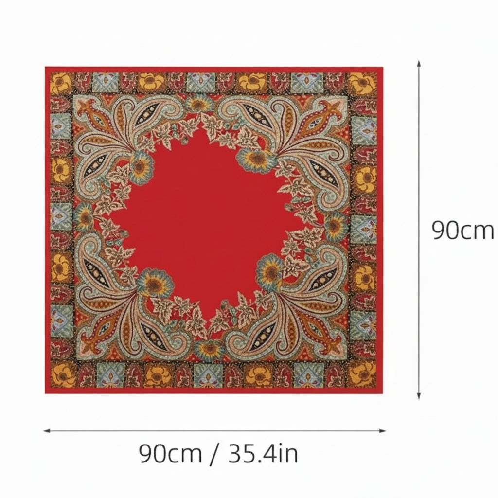 Decorative red scarf with paisley patterns and measurements on a white background