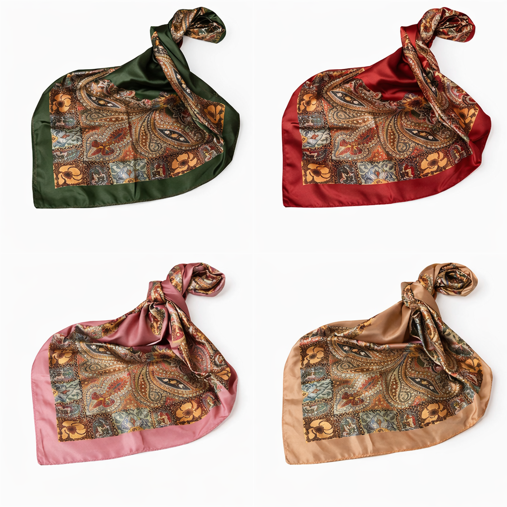 Four paisley patterned scarves in green, red, pink, and brown on a white background