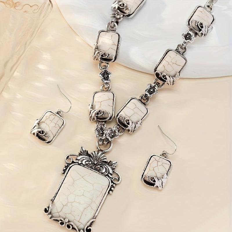 Close-up of silver plated boho white turquoise necklace and matching earrings on neutral background