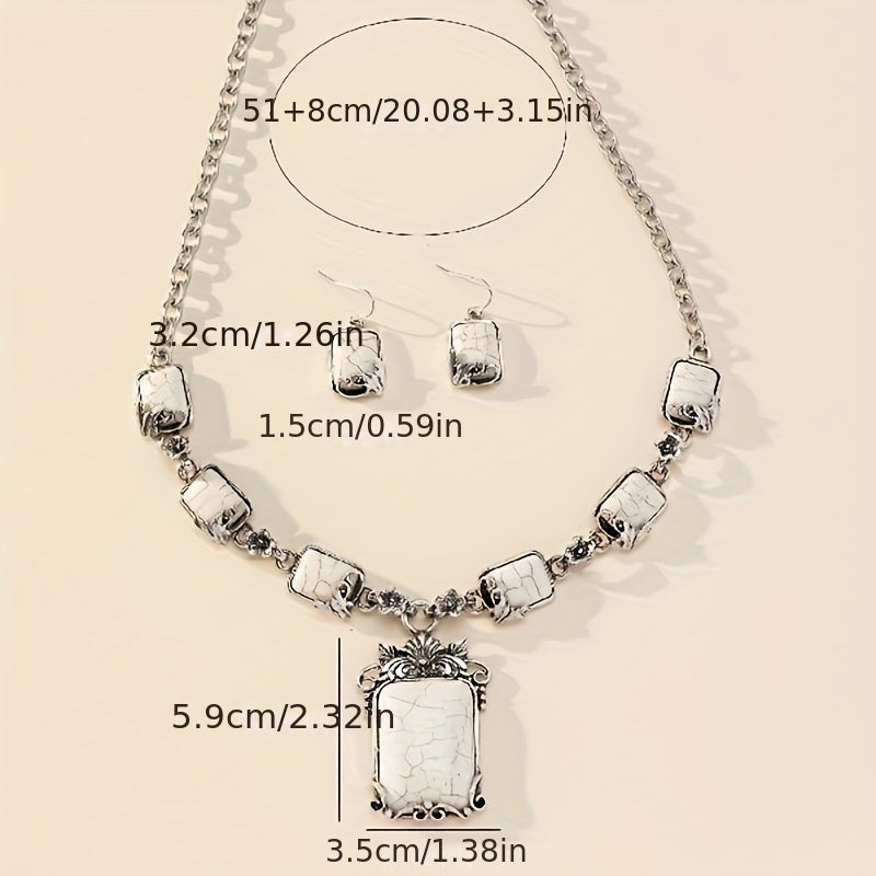 Silver plated white turquoise necklace and earrings set with rectangular stones and size measurements shown on a neutral background
