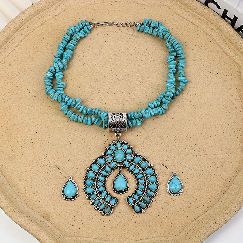 3-Piece Boho Jewelry Set Silver Plated Squash Blossom Necklace and Earrings turquoise 
