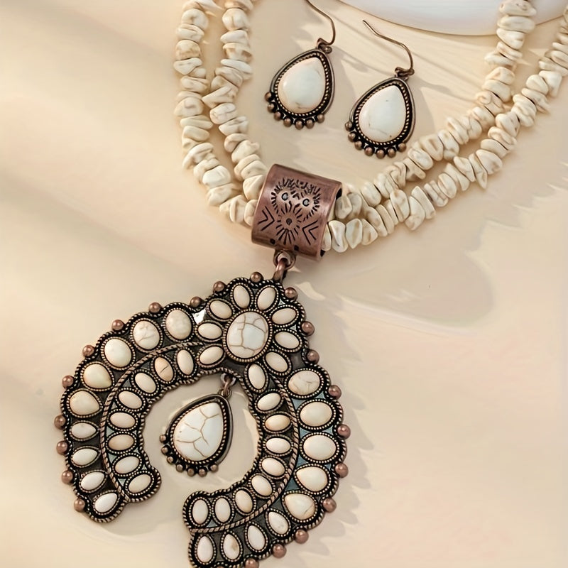 3-Piece Boho Jewelry Set Silver Plated Squash Blossom Necklace and Earrings white colored display