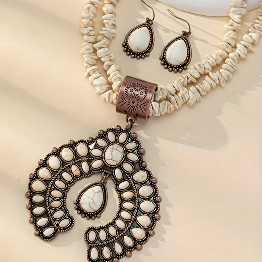 3-Piece Boho Jewelry Set Silver Plated Squash Blossom Necklace and Earrings white colored display