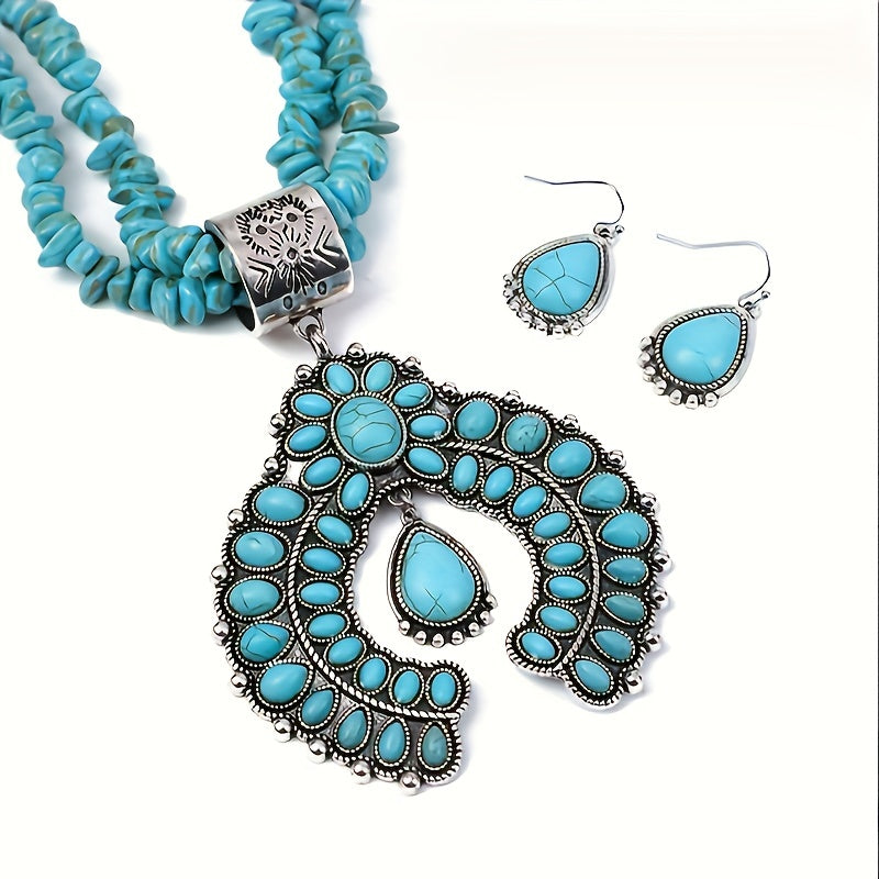 3-Piece Boho Jewelry Set Silver Plated Squash Blossom Necklace and Earrings turquoise on a white background