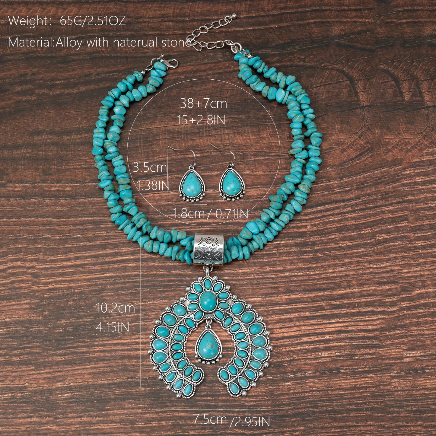 3-Piece Boho Jewelry Set Silver Plated Squash Blossom Necklace and Earrings with measurements displayed