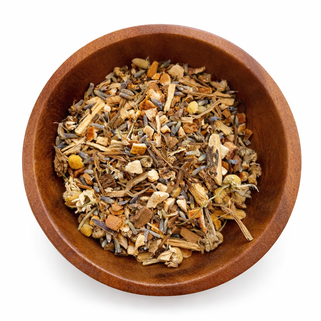 Wooden bowl filled with sleepy time herbal tea on a white background. -Clover's Charm