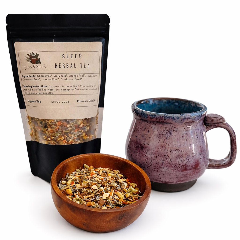 Sleep herbal tea package, wooden bowl with tea leaves, and ceramic mug on a white background. -Clover's Charm