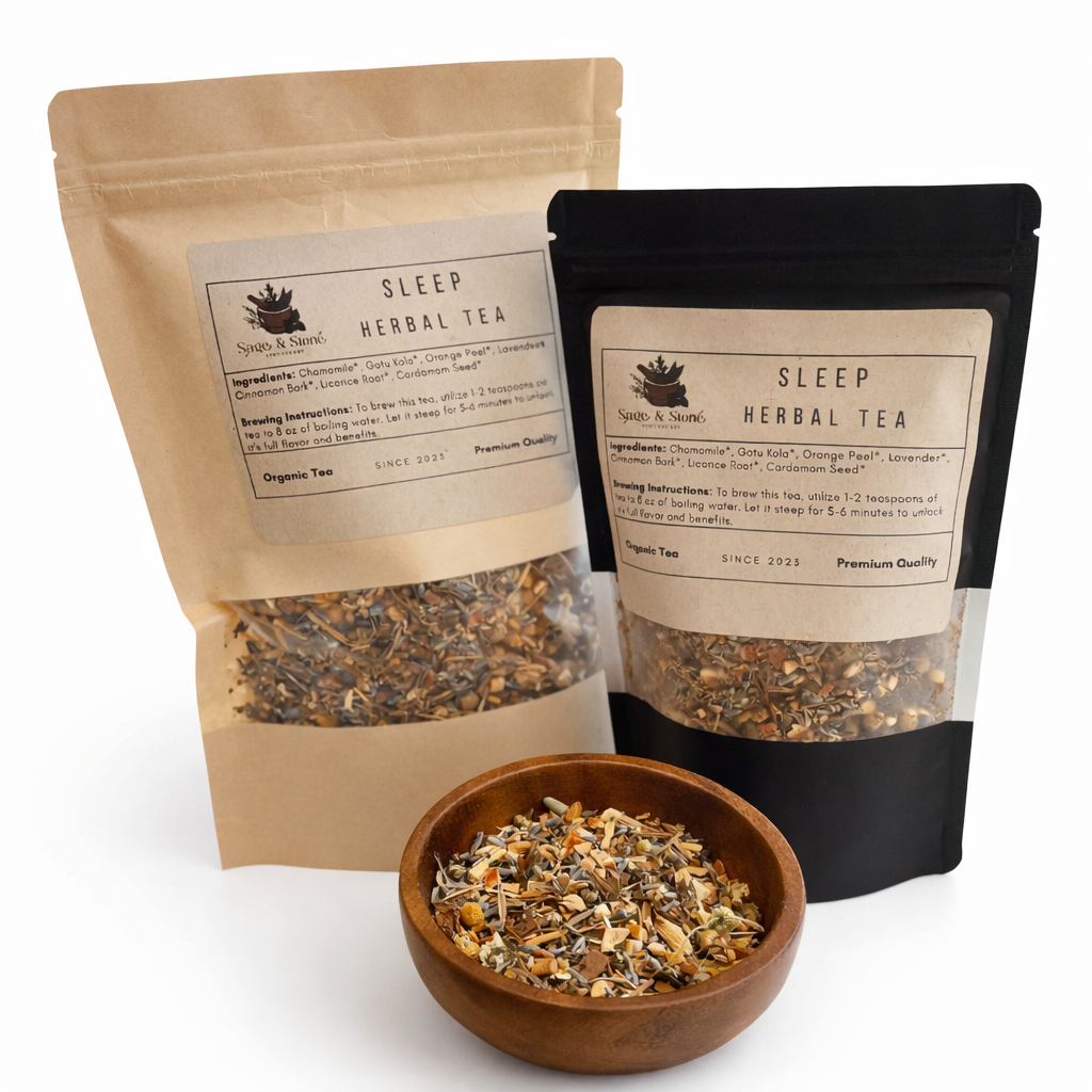 Two packages of Sleep Herbal Tea with a wooden bowl containing tea leaves on a white background. -Clover's Charm