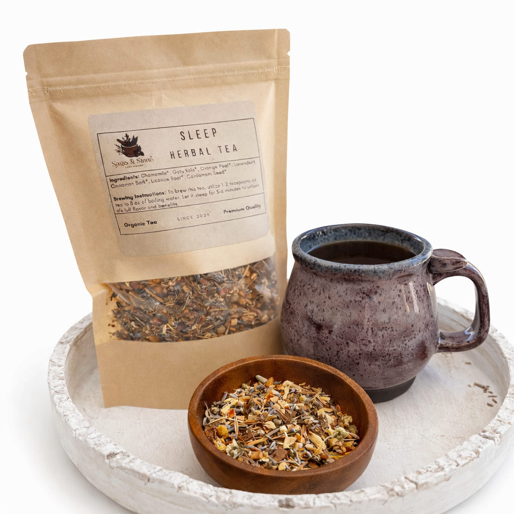 Sleep herbal tea package, mug, and bowl of tea leaves on a white background. -Clover's Charm