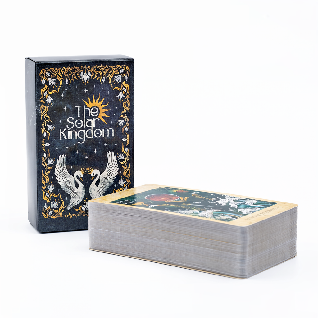 Playing cards titled 'The Solar Kingdom' with a deck and box on a white background