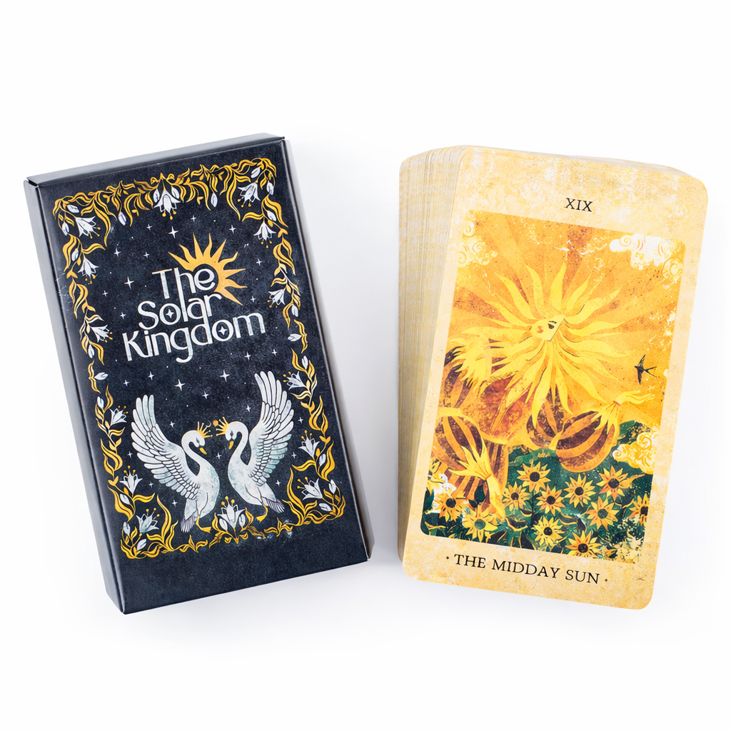 Tarot card set with 'The Solar Kingdom' box and 'The Midday Sun' card on a white background