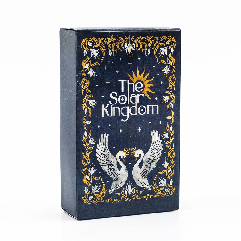 Box for 'The Solar Kingdom' with decorative elements on a white background