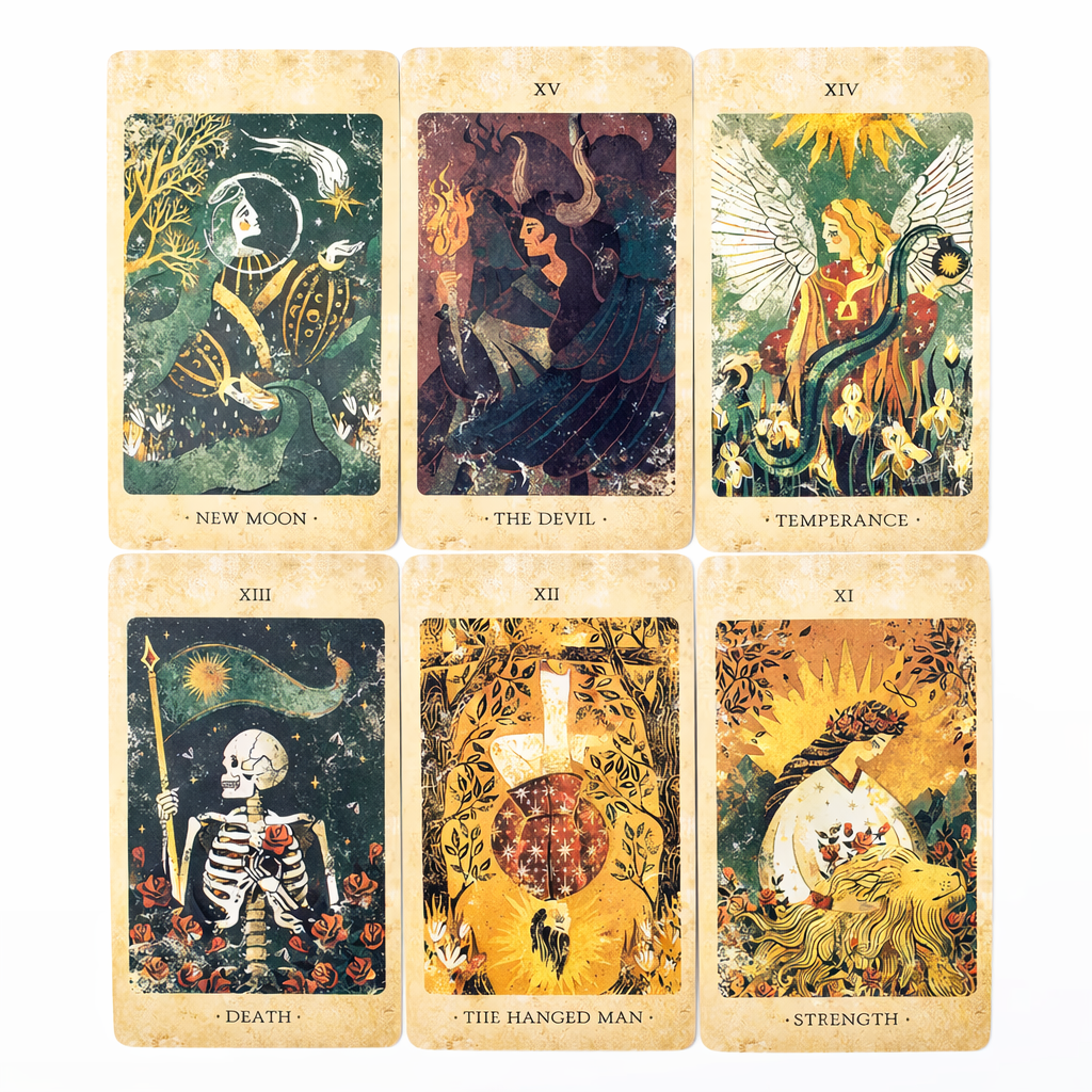 Set of tarot cards with various illustrations and text on a white background