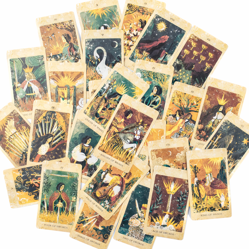 Collection of tarot cards with various illustrations on a white background