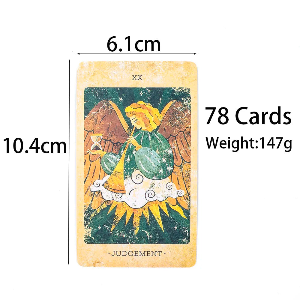 Tarot card with measurements and card details on a white background
