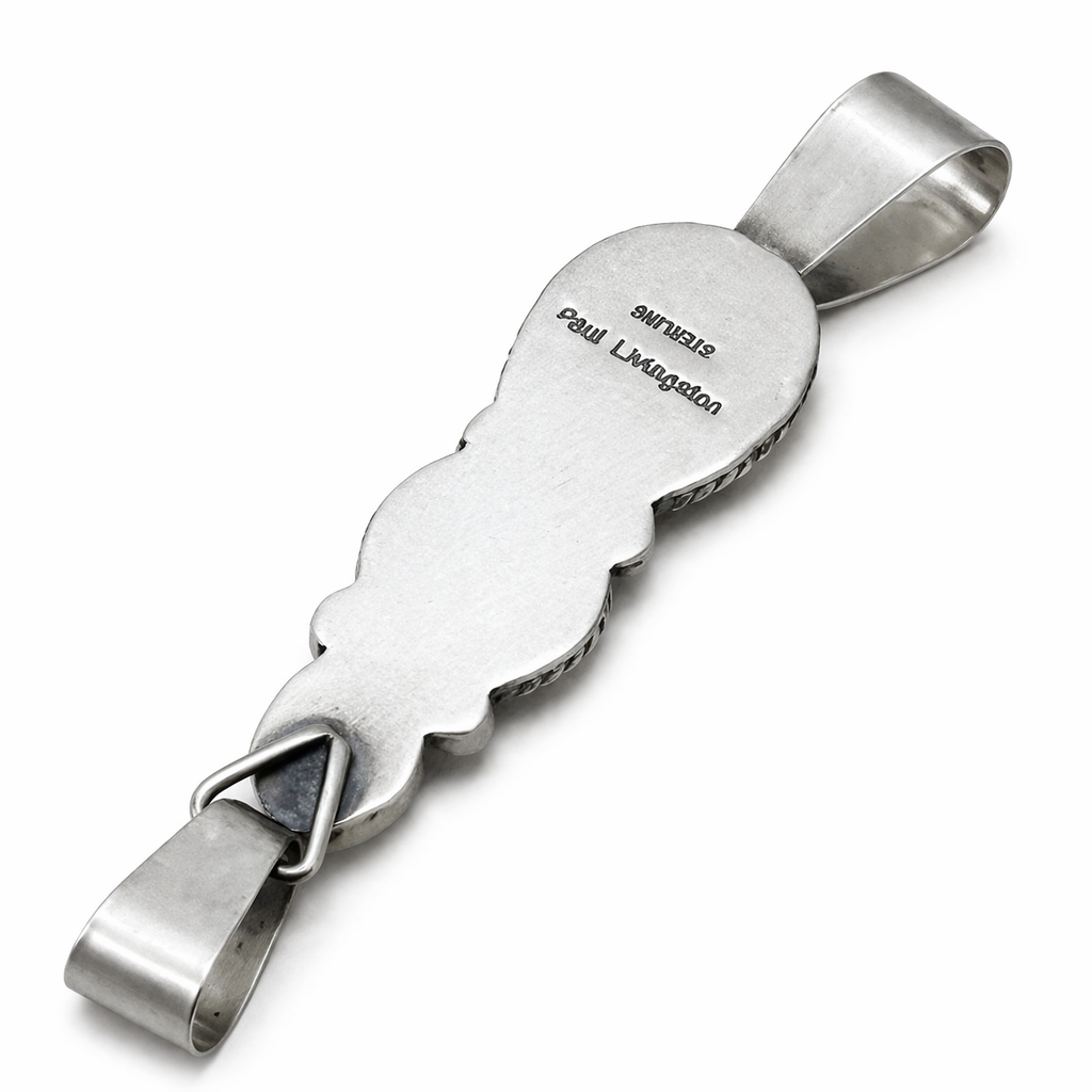 The backside of a sterling silver pendant engraved "Paul Livingston Sterling" on a white background. -Clover's Charm