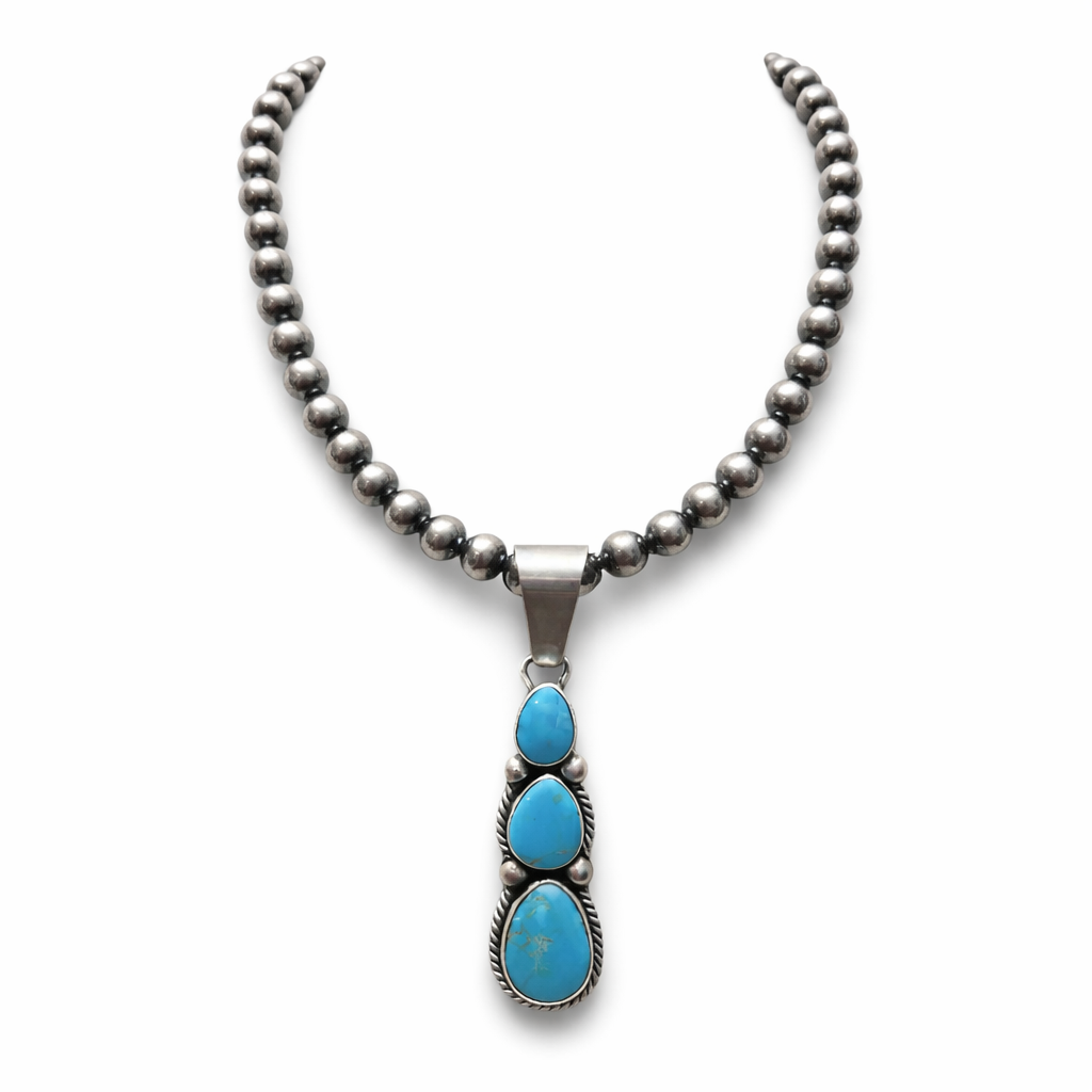 8mm ball sterling silver necklace with Sonoran turquoise pendant on a white background. -Clover's Charm
