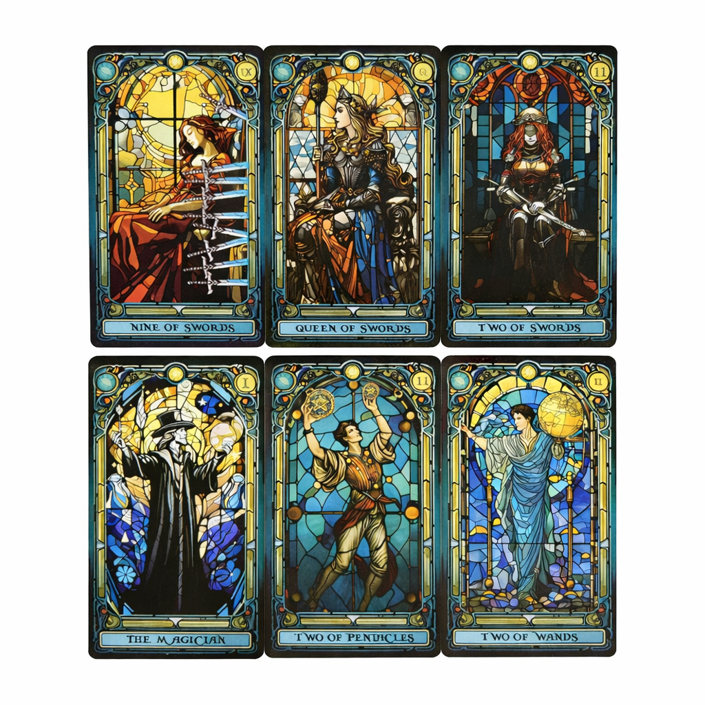 Six stained glass tarot cards displayed in two rows showing magician, swords, pentacles and wands cards isolated on white background
