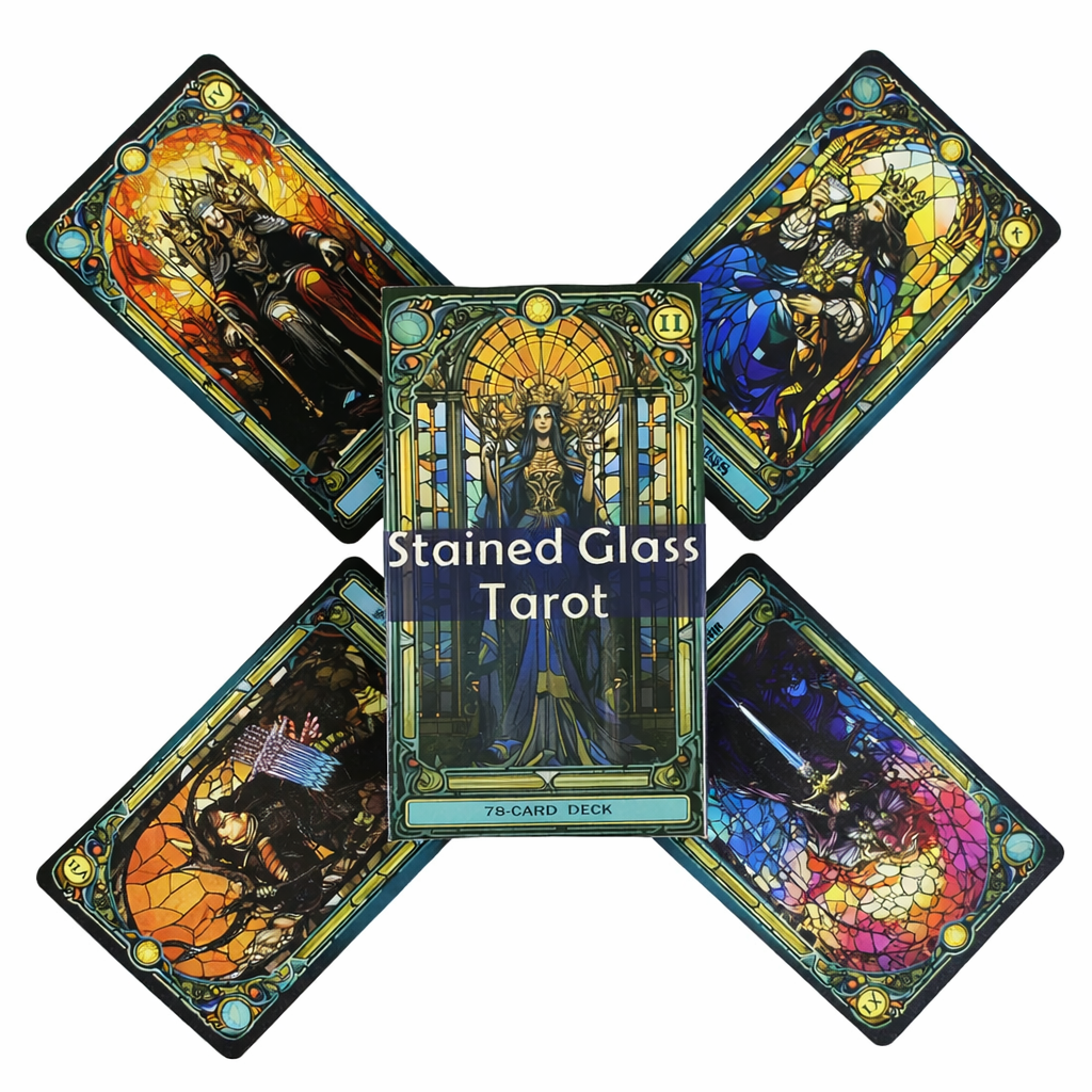Stained Glass Tarot 78 card deck with illustrated box and four tarot cards displayed in cross layout on pure white background