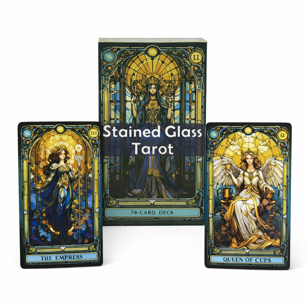 Stained Glass Tarot cards with 'The Empress' and 'Queen of Cups' cards displayed.