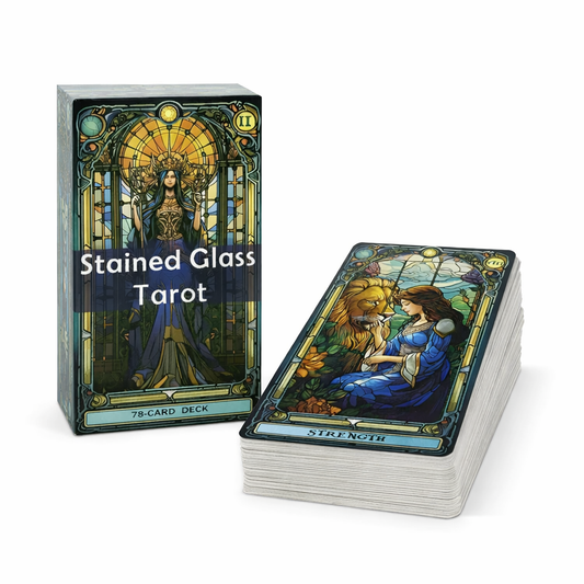 Stained Glass Tarot deck with 78 cards and illustrated box, colorful tarot cards with stained glass artwork isolated on white background