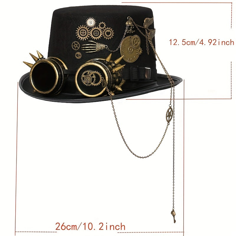 Steampunk-style top hat with goggles and mechanical decorations, shown with measurements.