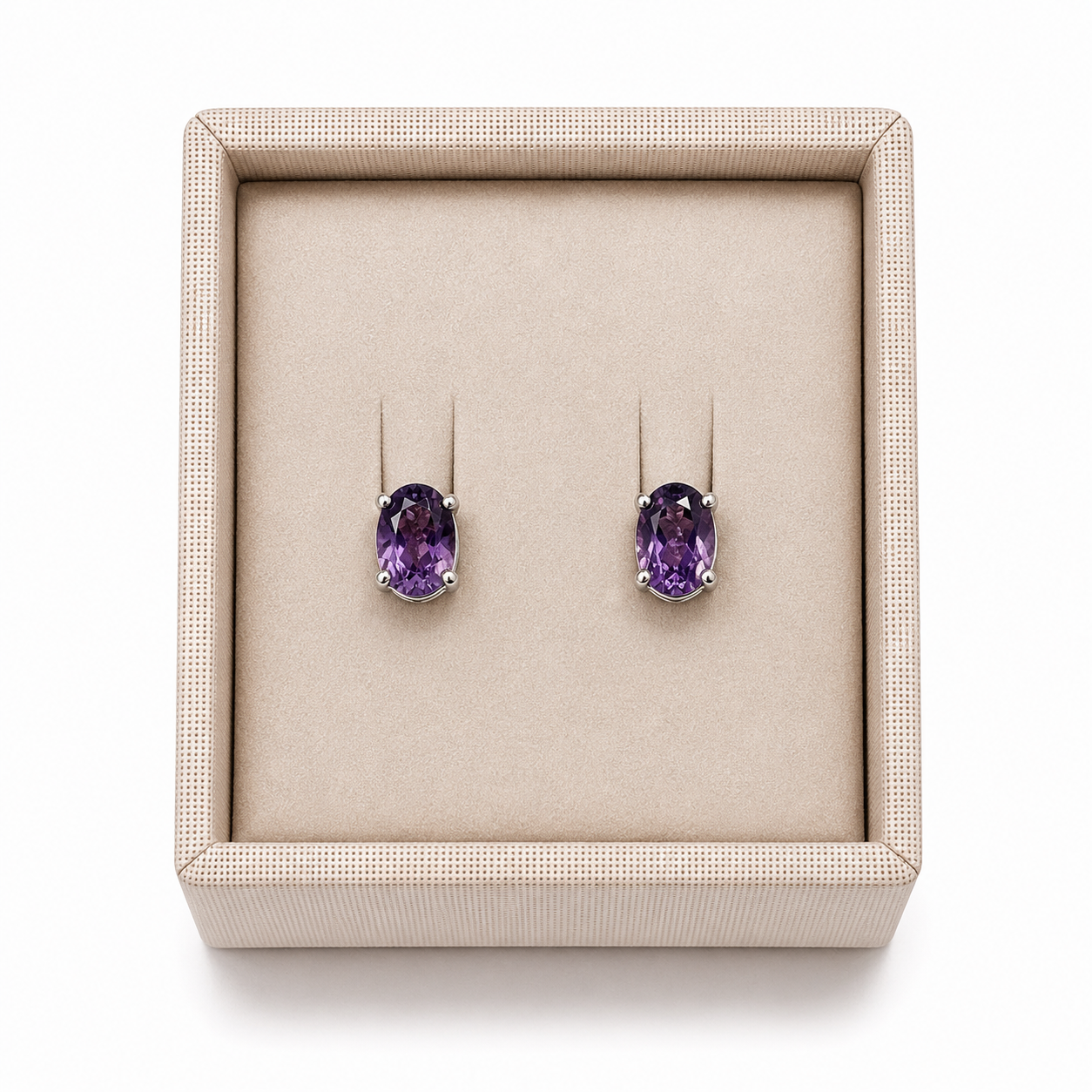 Sterling silver post back earrings featuring a beautiful amethyst in a box, on a white background. - Clover's Charm
