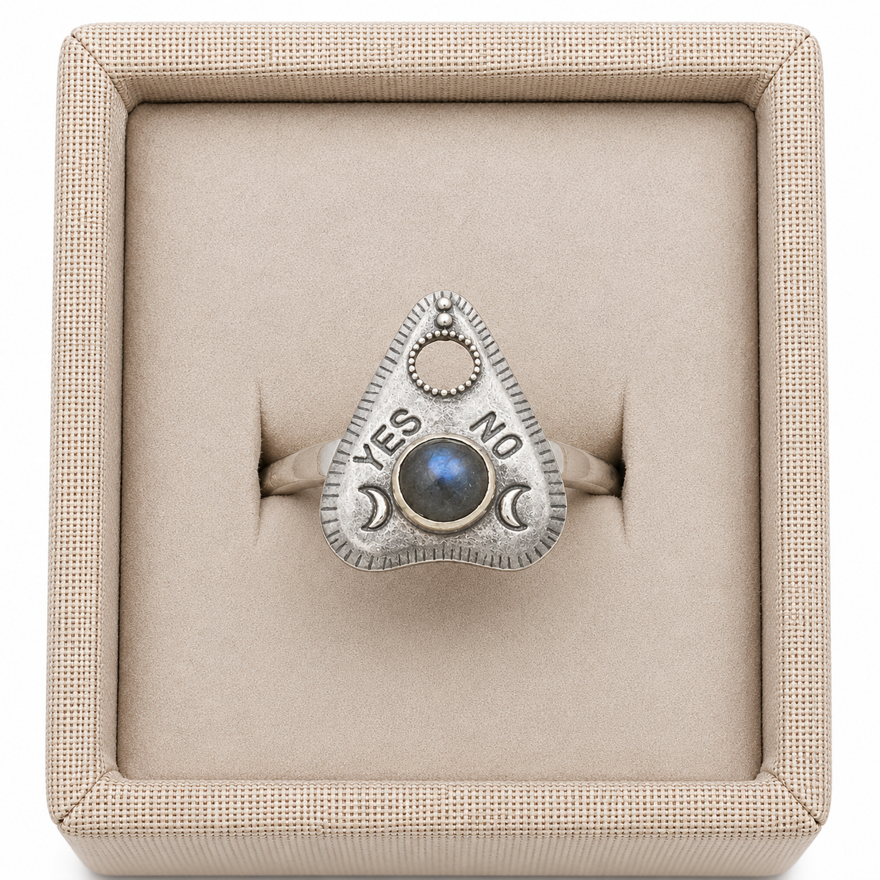 Sterling silver labradorite planchette ring in a display box on a white background. - Clover's Charm