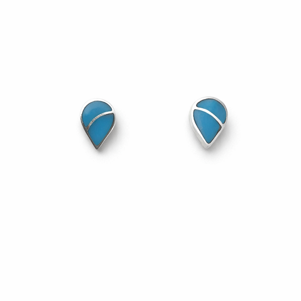 Sterling silver turquoise inlay post earrings in classic Zuni style with genuine turquoise and polished silver detail on a white background. -Clover's Charm