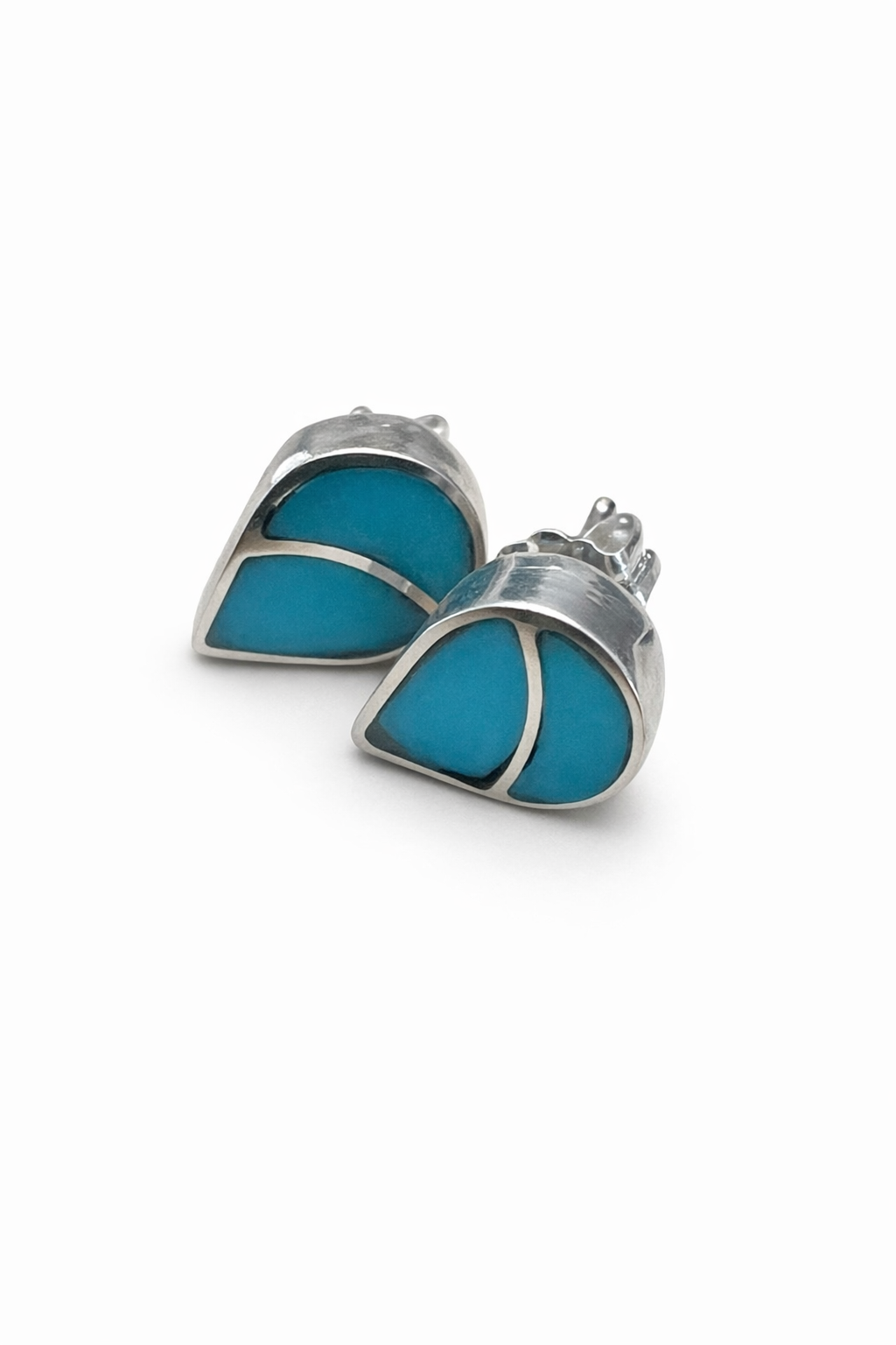 Zuni Style Turquoise and sterling silver earrings on a white background. -Clover's Charm