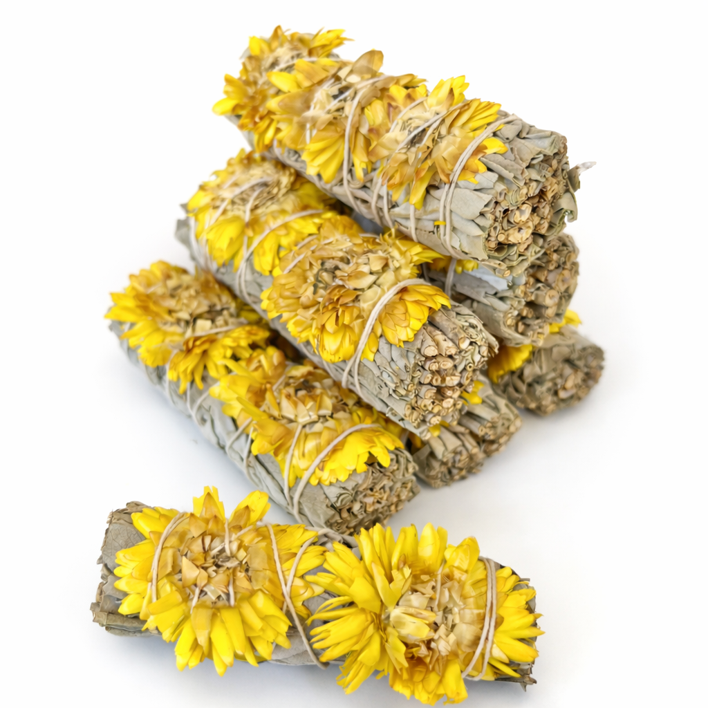Bundles of dried flowers and herbs tied together on a white background - Clover's Charm