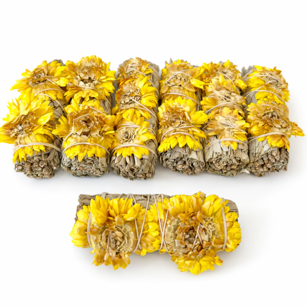 Bundles of yellow flowers tied together on a white background - Clover's Charm