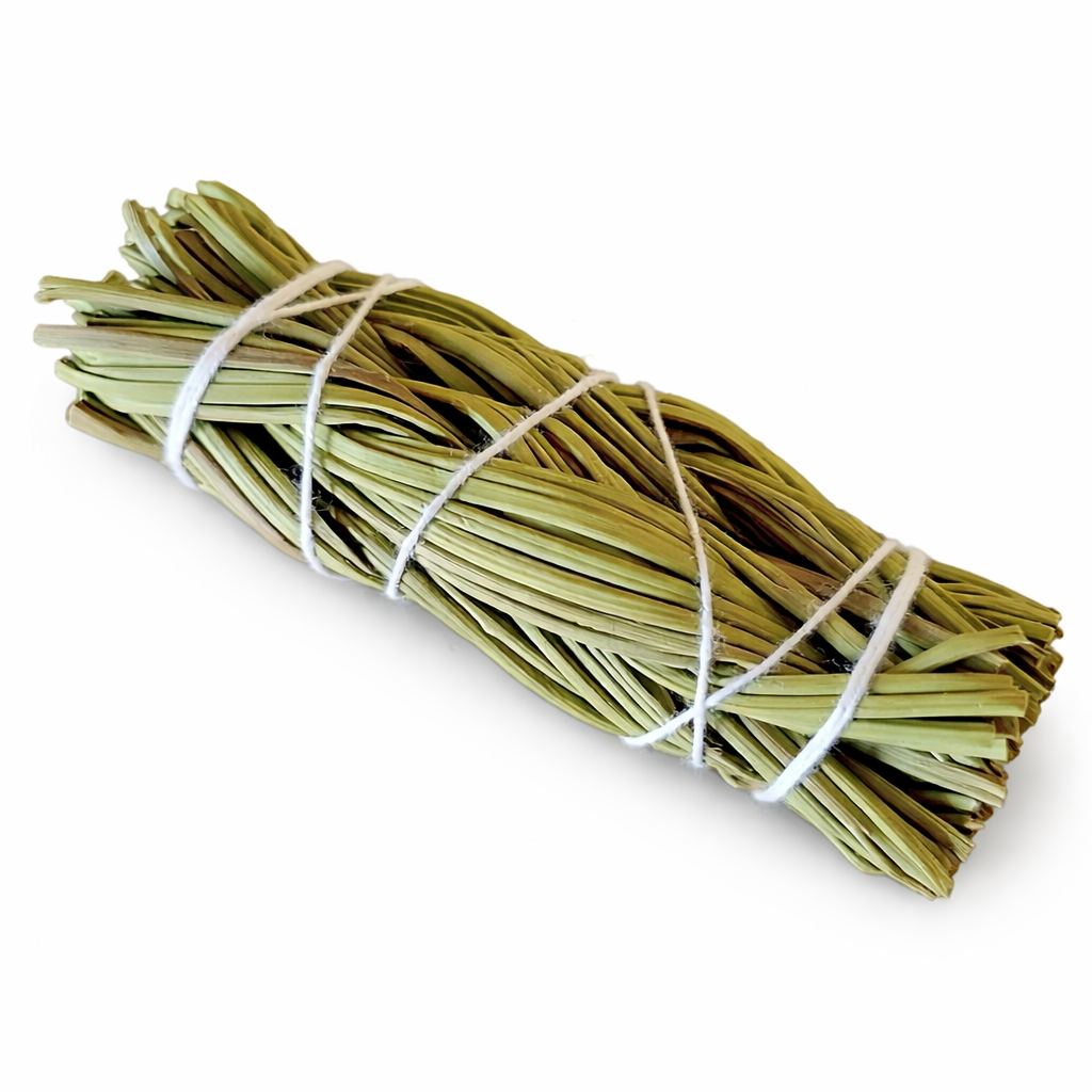 Bundled of sweetgrass tied with twine , for smudging, displayed on a white background. -Clover's Charm