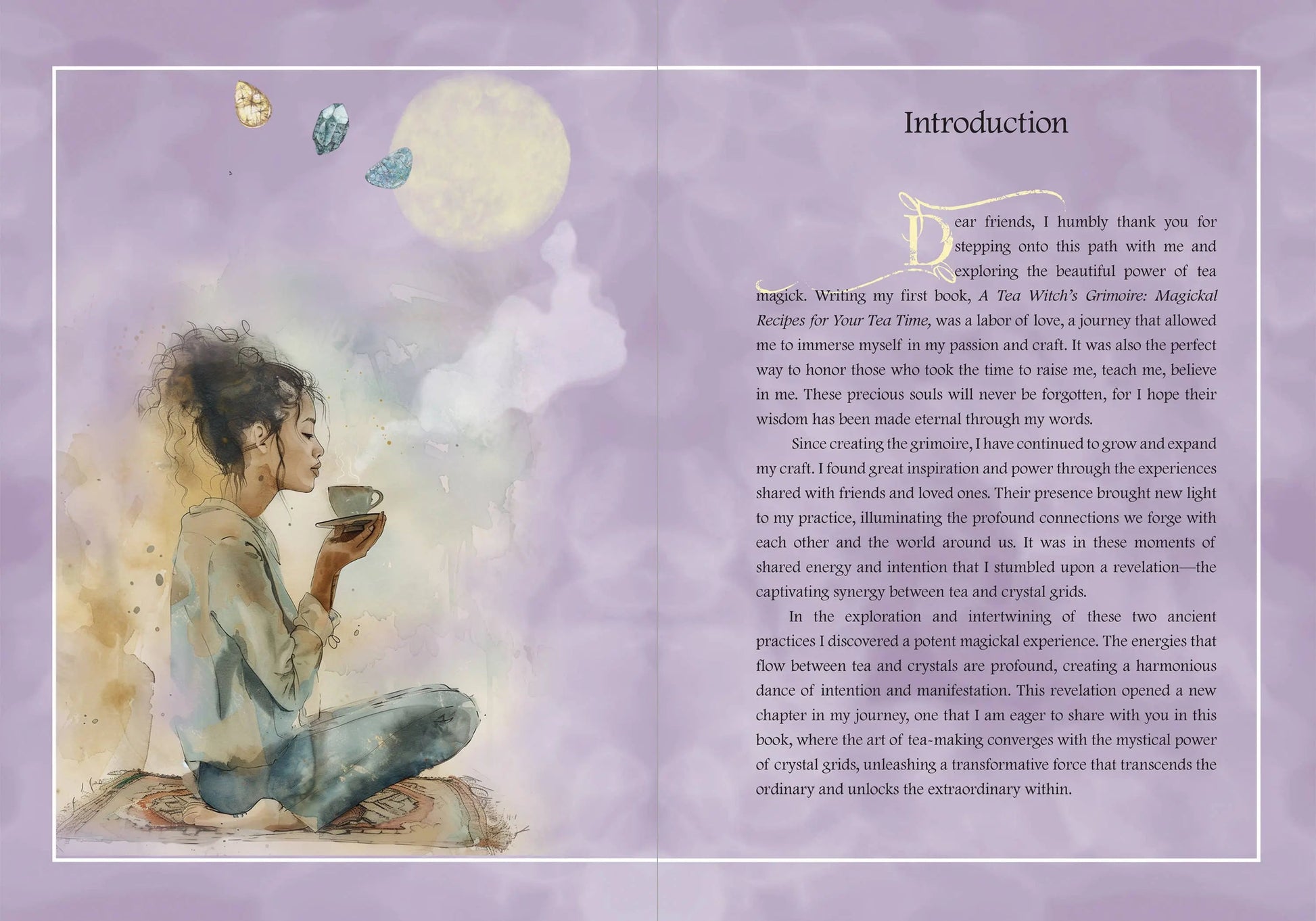 Illustration of a person sitting with a cup of tea and text on a purple background