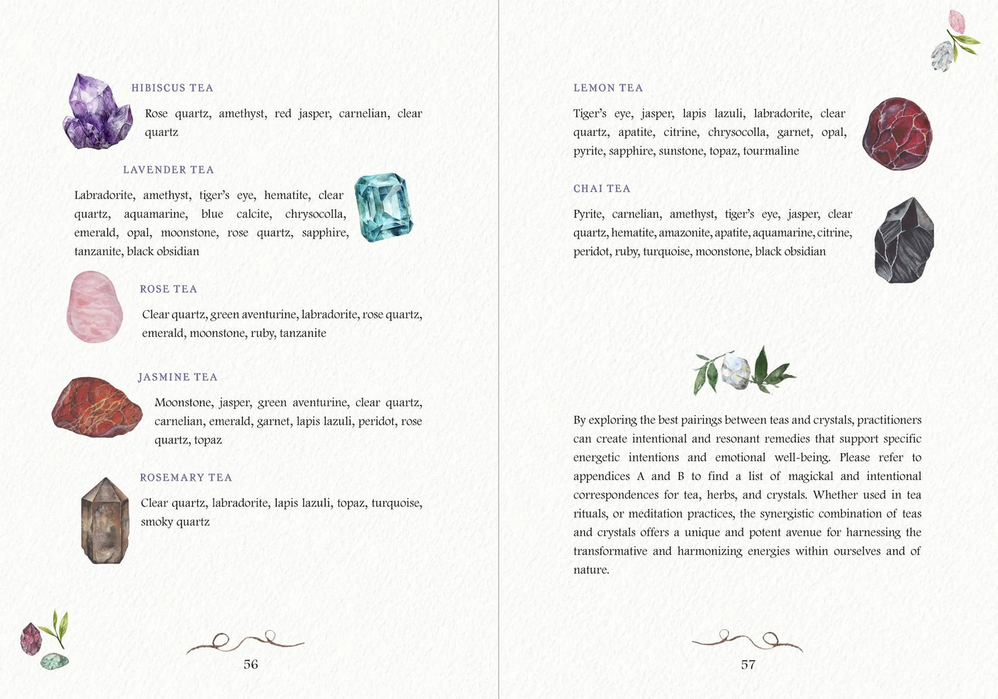 Open book showing pages with tea and crystal pairings on a white background